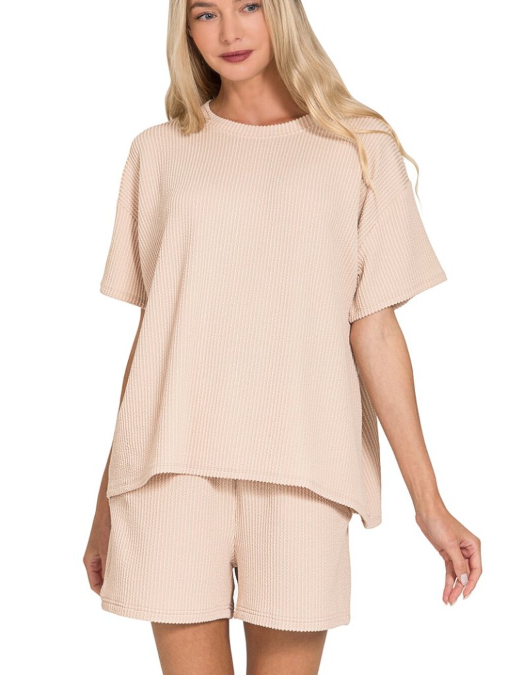 Zenana Womens Sand Beige  Raised rib short sleeve tee & short pants set NEW